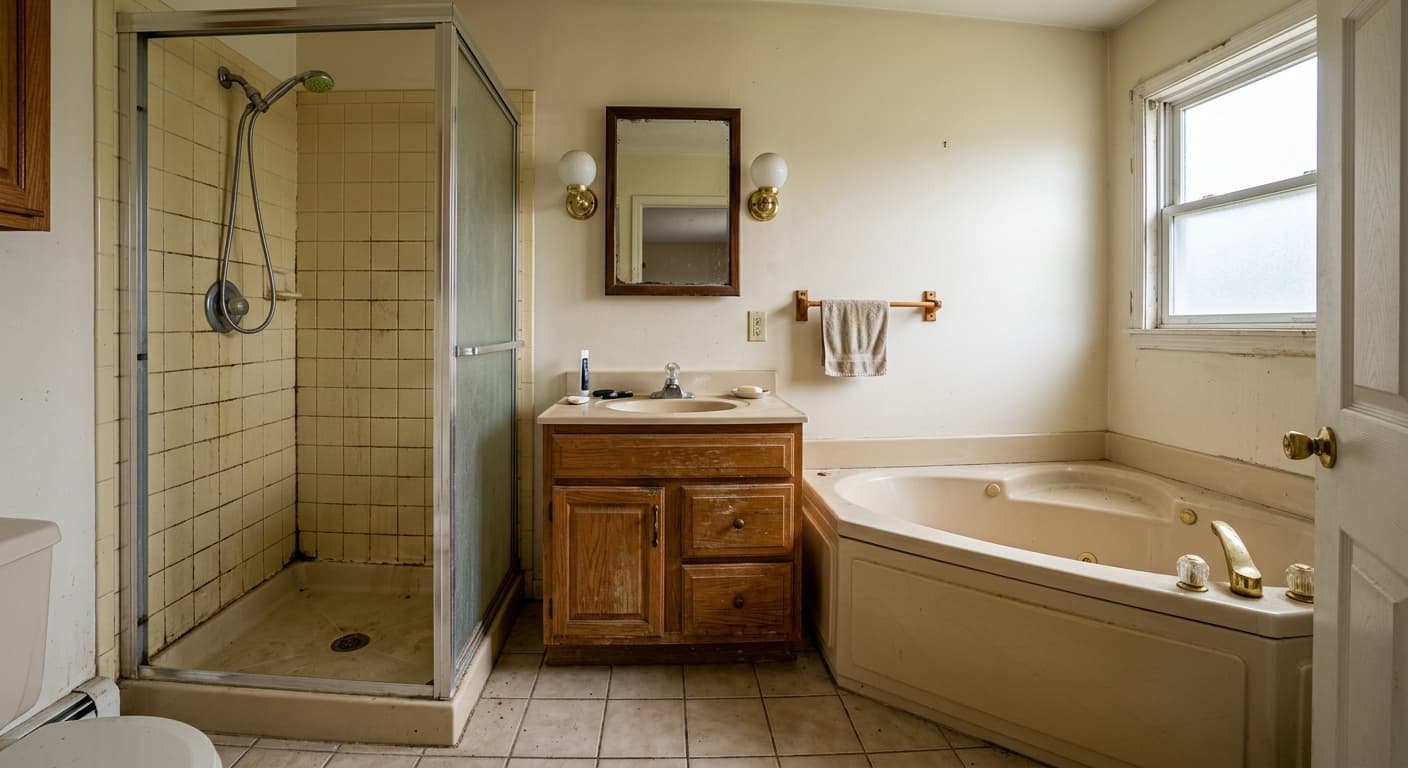 Before — Luxury Master Bathroom Remodel in Linwood, NJ in Linwood, Atlantic County, NJ: original condition before Synergy Property Development's work