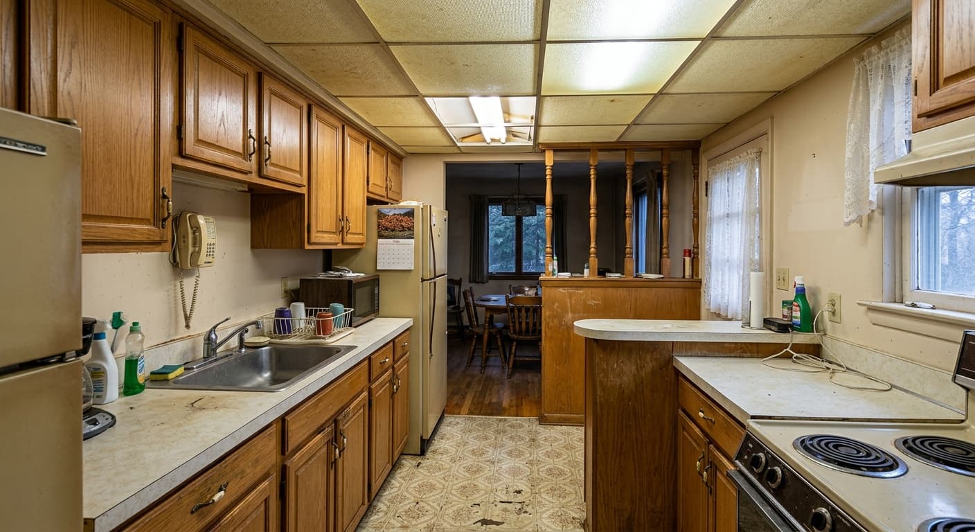 Before — Modern Full Kitchen Gut Remodel in Northfield, NJ in Northfield, Atlantic County, NJ: original condition before Synergy Property Development's work